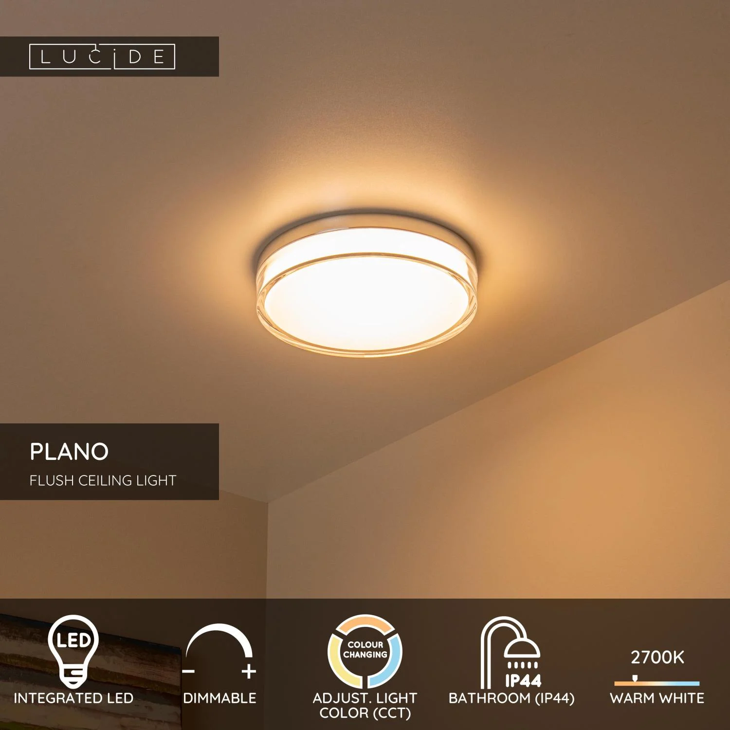 Lucide PLANO - Spu00fau0161u0165acie stropnu00e9 svetlo Ku00fapeu013eu0148a - u00d8 28 cm - LED tlmenu00e9. - CCT - 1x16W 2700K/4000K - IP44 - Opu00e1l