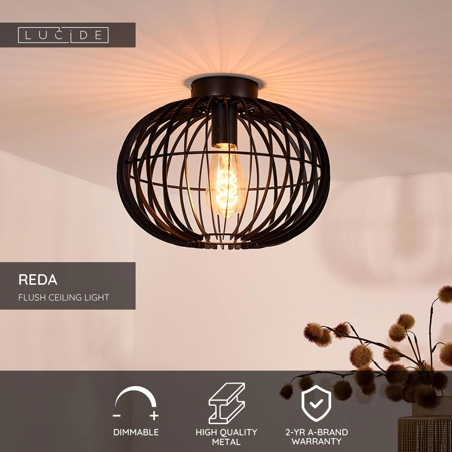 Lucide REDA - Zapustenu00e9 stropnu00e9 svetlo - u00d8 32 cm - 1xE27 - u010dierne