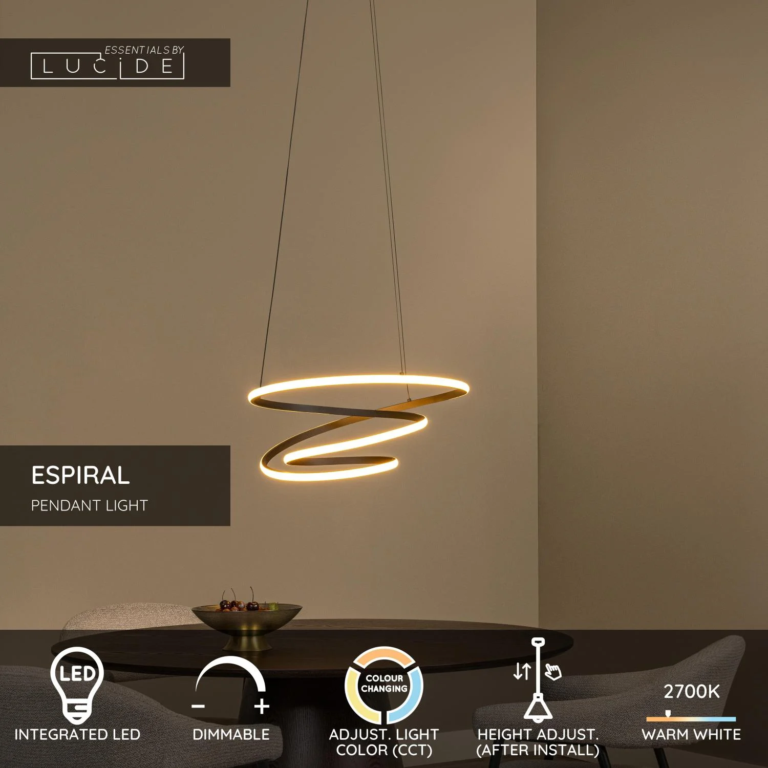 Lucide ESPIRAL - zu00e1vesnu00e9 svetlo - LED tlmenu00e9. - CCT - 1x40W 2700K/4000K - u010dierna | Essential