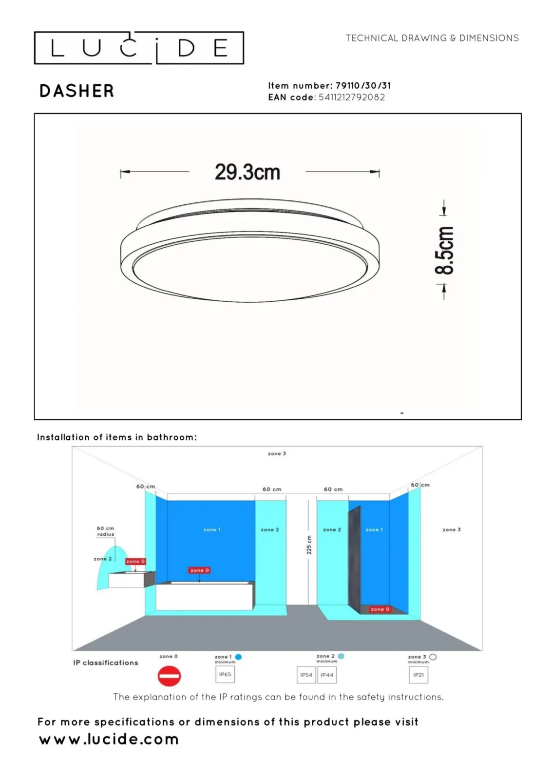 Lucide DASHER - Spu00fau0161u0165acie stropnu00e9 svetlo Ku00fapeu013eu0148a - u00d8 29,3 cm - LED - 1x12W 2700K - IP44 - Senzor pohybu a du0148a/noci - biely