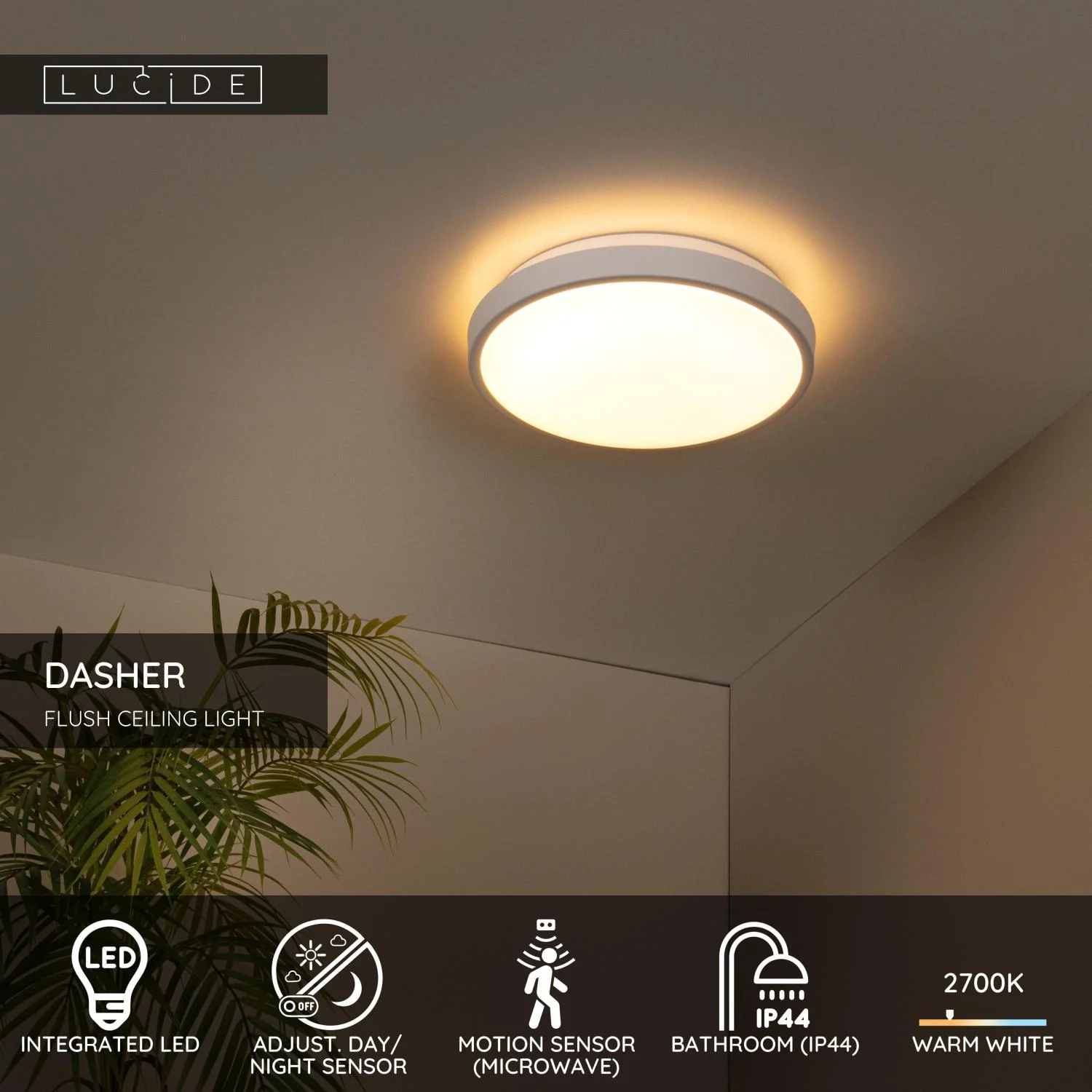 Lucide DASHER - Spu00fau0161u0165acie stropnu00e9 svetlo Ku00fapeu013eu0148a - u00d8 29,3 cm - LED - 1x12W 2700K - IP44 - Senzor pohybu a du0148a/noci - biely