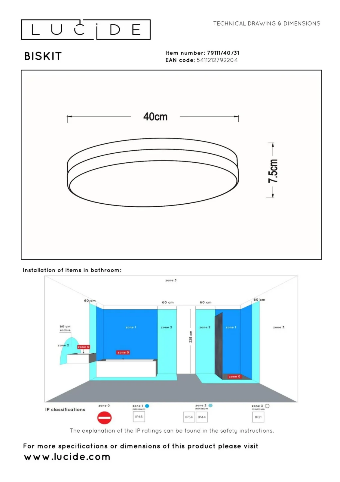 Lucide BISKIT - Spu00fau0161u0165acie stropnu00e9 svetlo Ku00fapeu013eu0148a - u00d8 40 cm - LED - 1x36W 2700K - IP44 - Pohybovu00fd senzor - biela