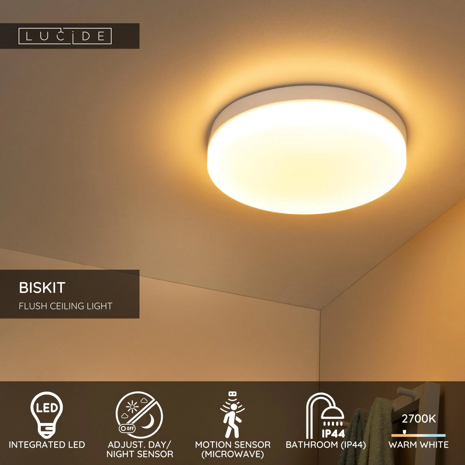 Lucide BISKIT - Spu00fau0161u0165acie stropnu00e9 svetlo Ku00fapeu013eu0148a - u00d8 40 cm - LED - 1x36W 2700K - IP44 - Pohybovu00fd senzor - biela