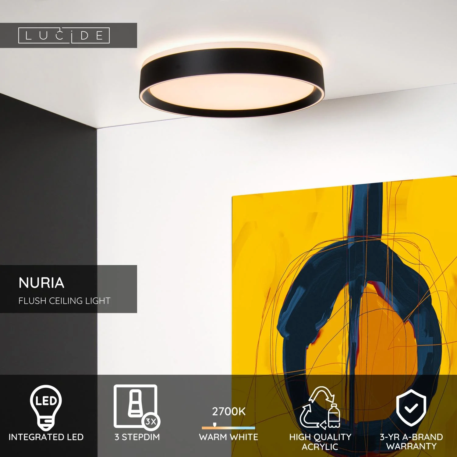 Lucide NURIA - Zapustenu00e9 stropnu00e9 svetlo - u00d8 30 cm - LED 3 StepDim - 1x18W 2700K - u010dierna