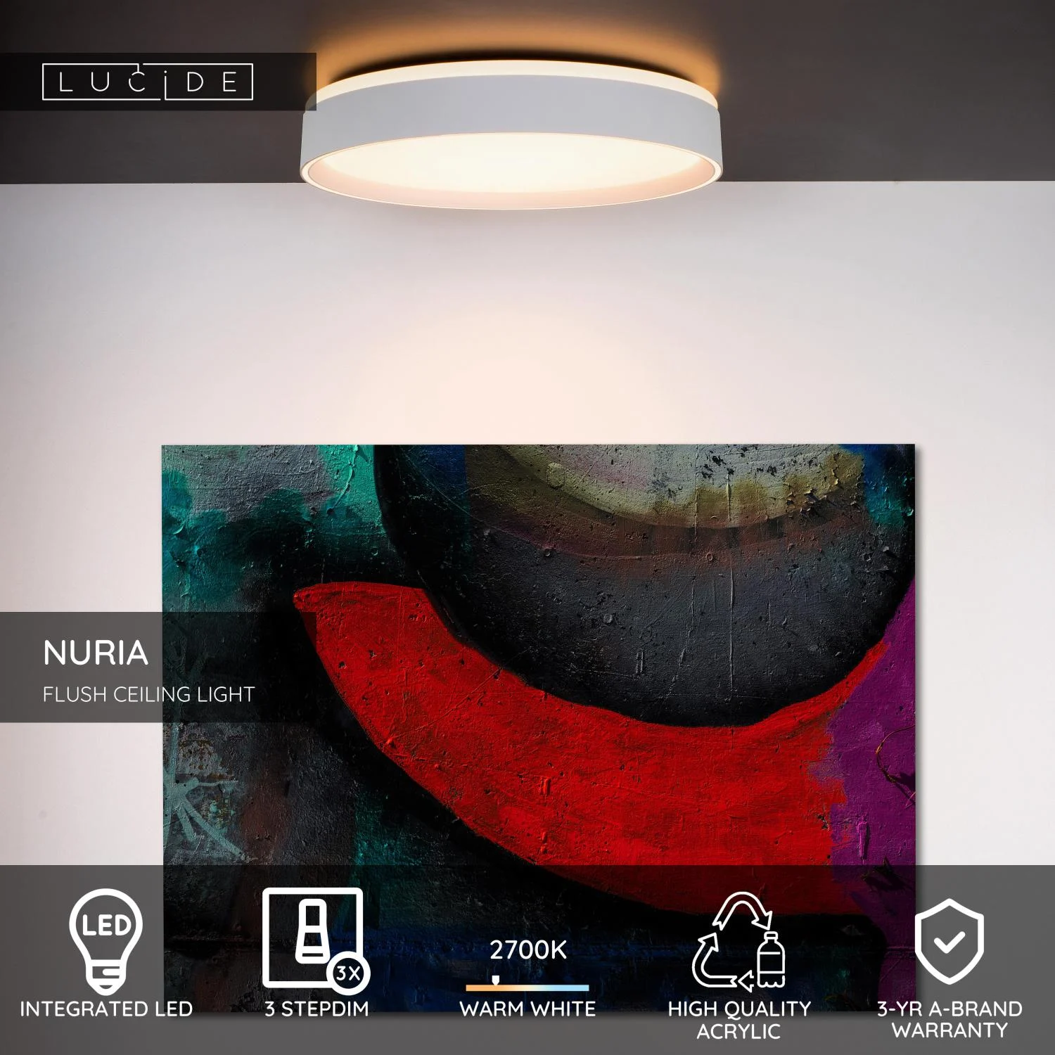 Lucide NURIA - Zapustenu00e9 stropnu00e9 svetlo - u00d8 30 cm - LED 3 StepDim - 1x18W 2700K - biela