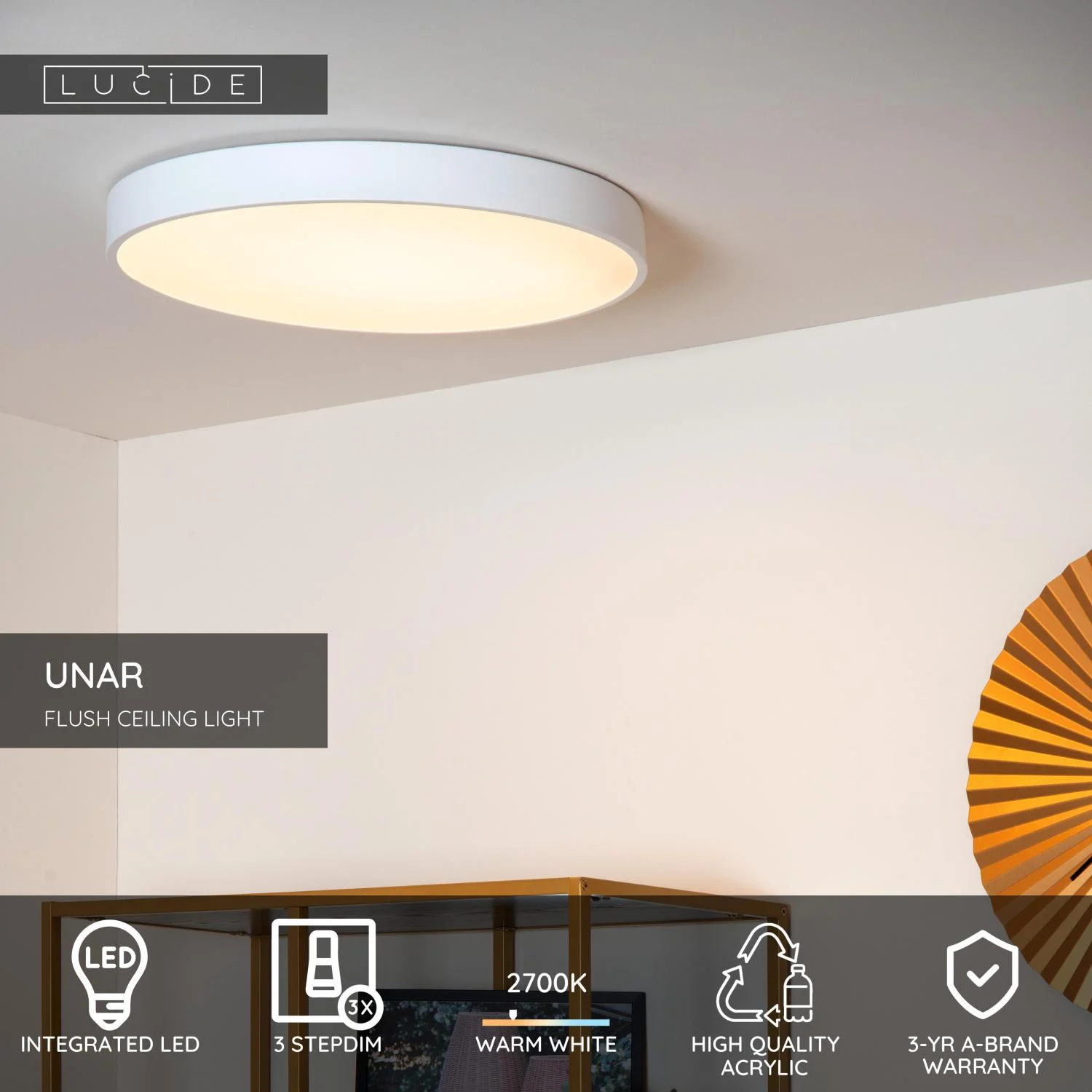 Lucide UNAR - Zapustenu00e9 stropnu00e9 svetlo - u00d8 49,5 cm - LED 3 StepDim - 1x36W 2700K - biela
